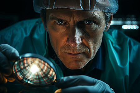 医生穿着无菌手套用放大镜进行手术背景图片