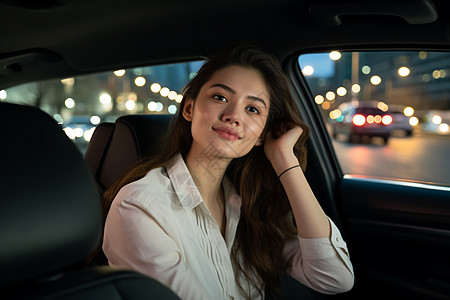 夜晚都市里坐着的年轻女商人图片