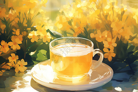 阳光下的咖啡与鲜花图片