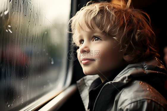 一个年轻的男孩凝视着窗外图片