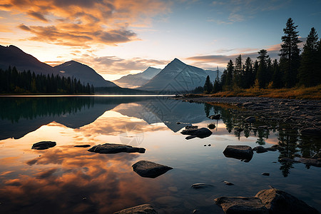 黄昏山湖黄昏光线下的湖泊与森林背景