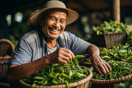 勤劳的茶农在收获茶叶图片