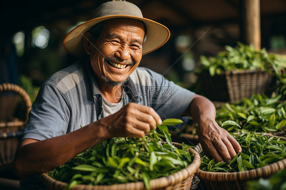 勤劳的茶农在收获茶叶图片