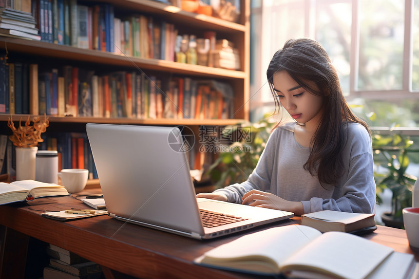 美女学习的美景图片