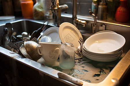 肮脏的厨房堆满了脏盘碗和刀叉图片