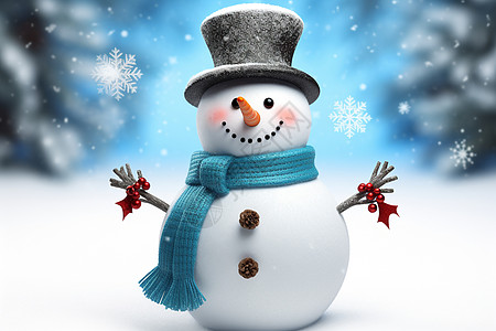 蓝色霜降节气雪地里中佩戴高帽与围巾的雪人背景