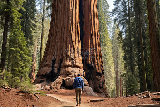 壮丽红杉男子在巨树前图片