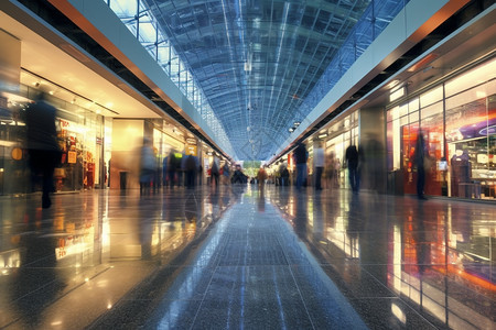 长长的商场走廊和蓝色的玻璃穹顶图片