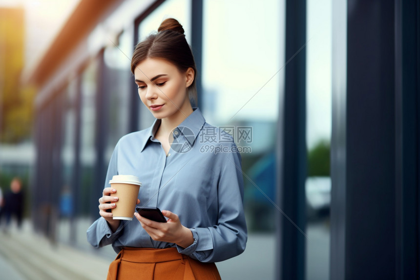 女人拿着咖啡杯在户外图片