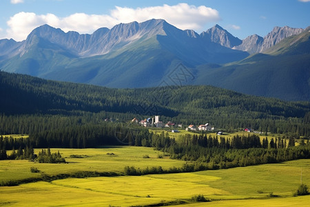 美丽城镇美丽的山庄森林风景背景