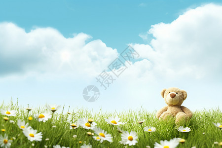 玩具熊在开满花的草坪上图片
