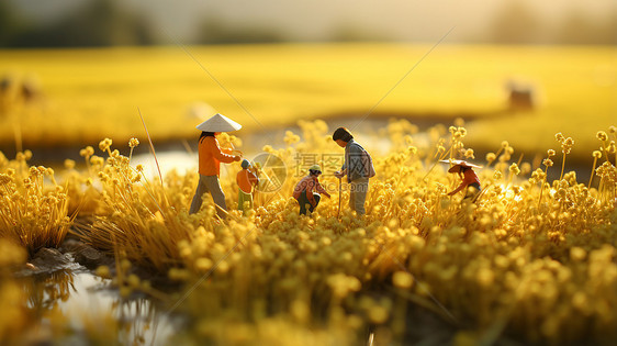 金黄色稻田中的小人物图片