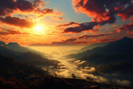 夕阳余晖映照山谷图片