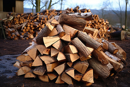 院子中堆积的木材背景图片