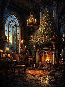木屋中的圣诞树和壁炉图片