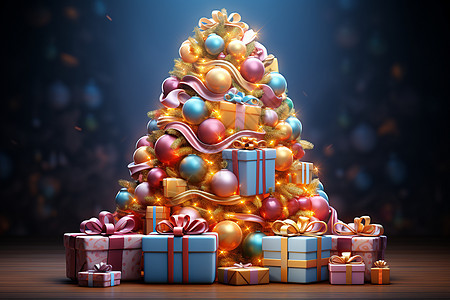 地面上的圣诞树和礼物背景图片