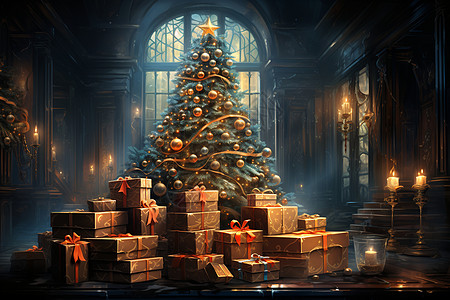 房间内的礼物和圣诞树背景图片