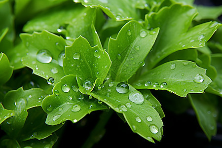 新鲜绿叶上的雨露图片