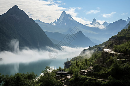 山峦中的迷雾和湖泊高清图片