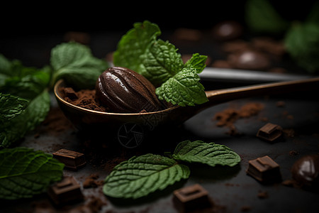 巧克力与薄荷叶的美味诱惑图片