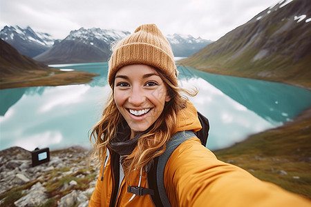 女生自拍湖光山色图片