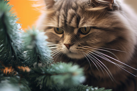 一只猫坐在松树枝旁图片
