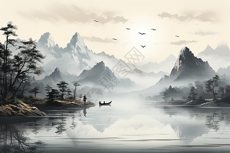 淡雅的山水画背景图片