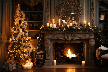 圣诞树与熊熊炉火背景图片
