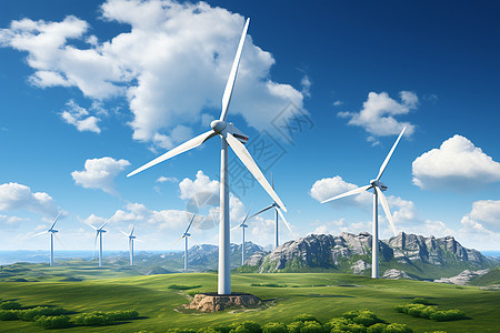 在绿色田野上的风力发电机高清图片