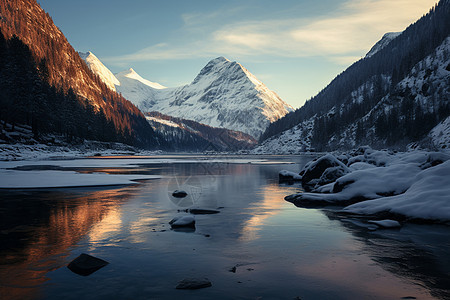 冰雪山峰下的湖泊图片