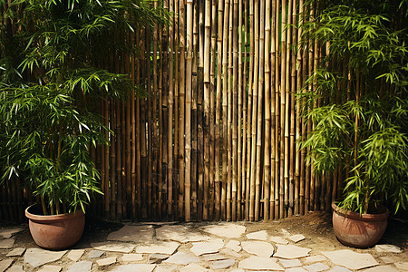 竹制围栏前的植物图片