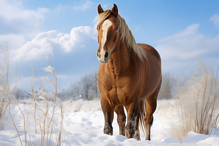 雪地中行走的马儿图片