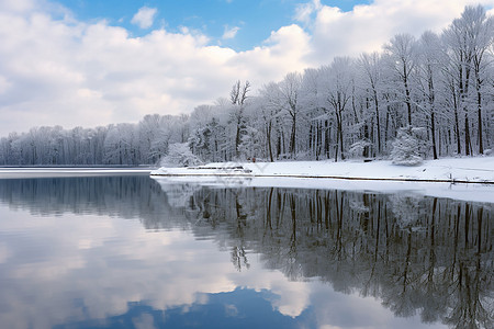 冬日奇幻林间雪湖图片