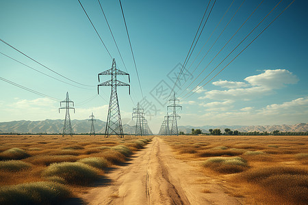 沙漠里的高压输电线图片