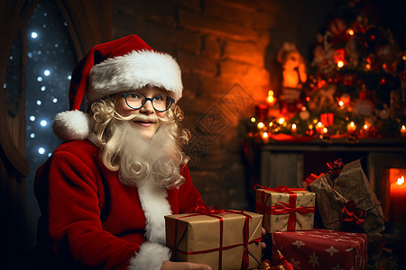 圣诞老人在壁炉前摆放礼物高清图片