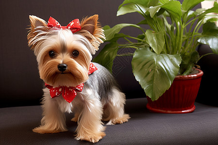 一只可爱的小狗戴着红色领结图片