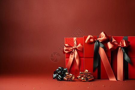红色礼物与黑色和金色蝴蝶结的组合金色纸屑点缀的红色背景图片