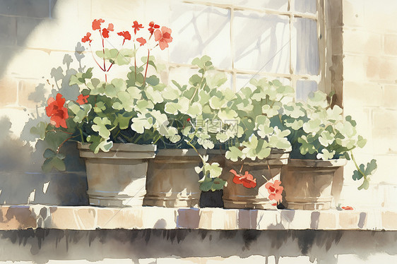 窗台上繁盛的盆栽图片