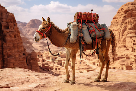 沙漠中背着行李的骆驼图片