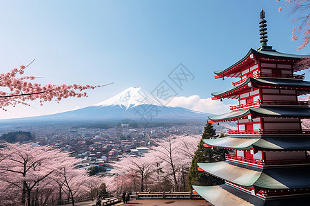 东京城市白雪中的富士山与樱花背景