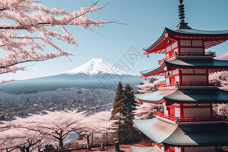 东京城市富士山下的樱花塔背景