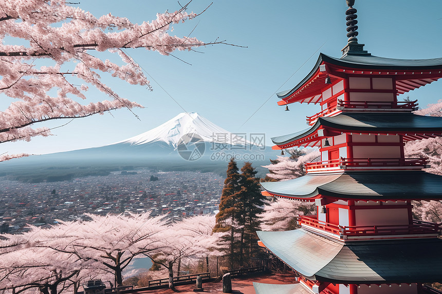 富士山下的樱花塔图片