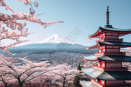 日本樱花风景富士山下的樱花背景