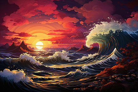 夕阳下的浩浩海浪图片