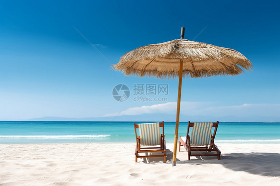 海滩上两把躺椅和一把阳伞图片