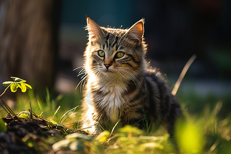 小猫静坐在草地上背景图片