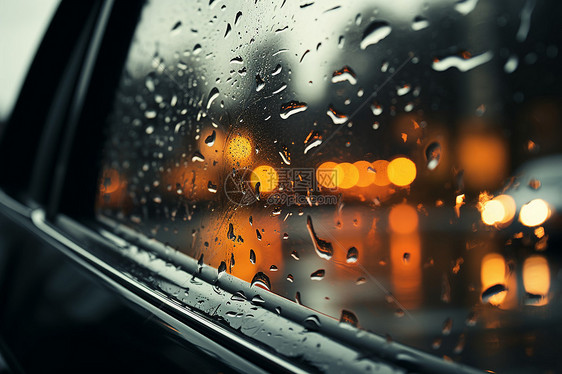 夜晚街头飘雨的车窗图片