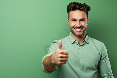 绿衬衫男人竖起拇指背景图片