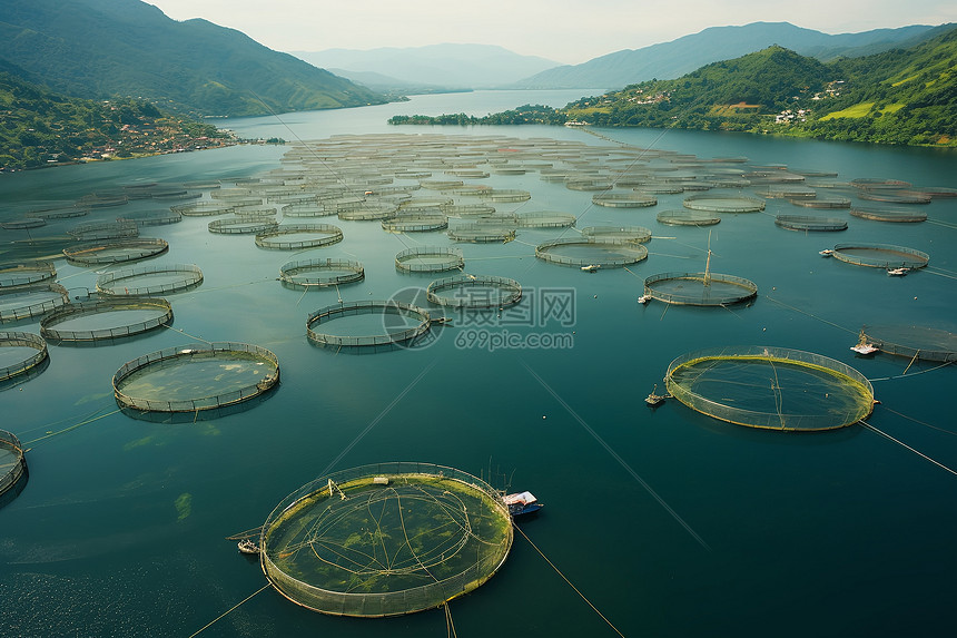 湖中漂浮的大量鱼笼图片