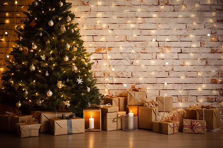 一堆礼物房间的圣诞树礼物和蜡烛背景